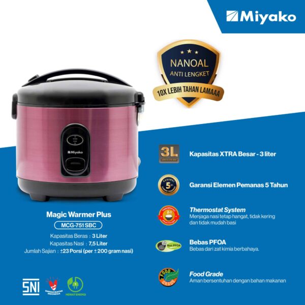 MCG-751-1-02 Miyako Magic Com Rice Cooker MCG-751 SBC 3 Liter 650 Watt 2 in 1 Panci Nanoal