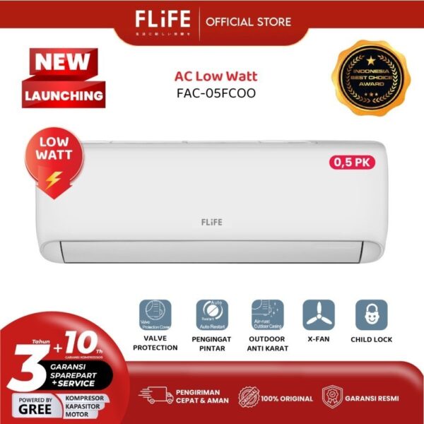 FLIFE AC Low Watt 0.5 PK - FAC-05FCOO - Putih (Unit Indoor & Outdoor) 1/2 PK 0.5PK 1/2PK SPLIT