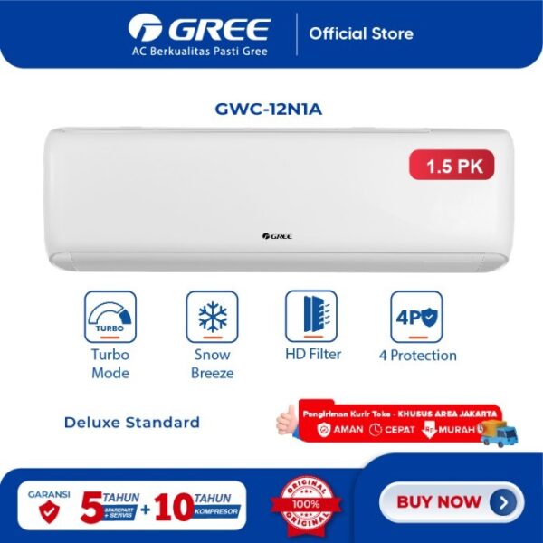 sg-11134201-7reom-m87h8k7q1aqv6b (1) GREE AC DELUXE STANDARD N1 Series - 1,5PK - GWC-12N1 - KOMPRESSOR BLACK DIAMOND FIN - PUTIH (Indoor-Outdoor) 1.5PK 1.5 PK 1,5