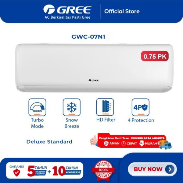 GREE AC DELUXE STANDARD N1 Series - 0.75 PK - GWC-07N1 - KOMPRESSOR BLACK DIAMOND FIN - PUTIH (Indoor-Outdoor) 3/4 PK 3/4PK
